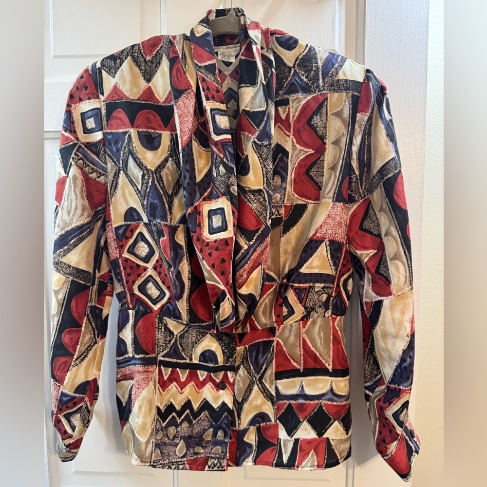 Vintage Studio A 100% Silk Blouse | 90s Abstract Print Power Top | Size 6